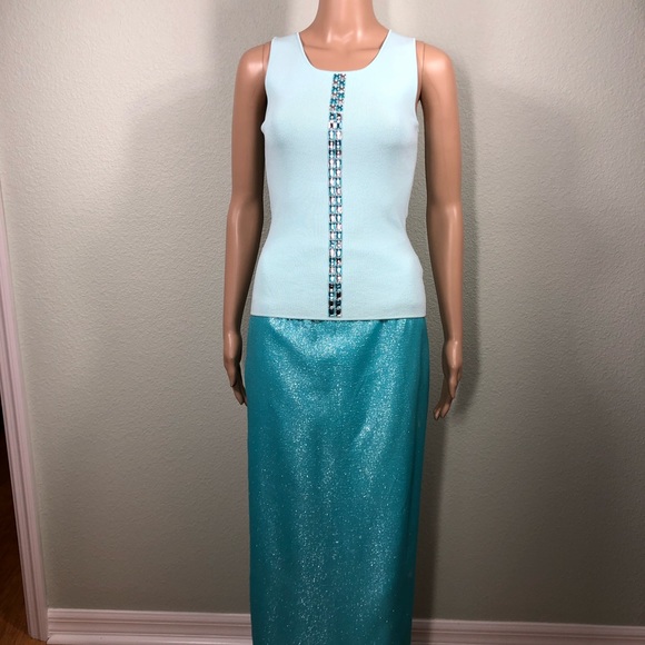 Light blue sleeveless knit top with aqua blue and clear crystals - Picture 10 of 11